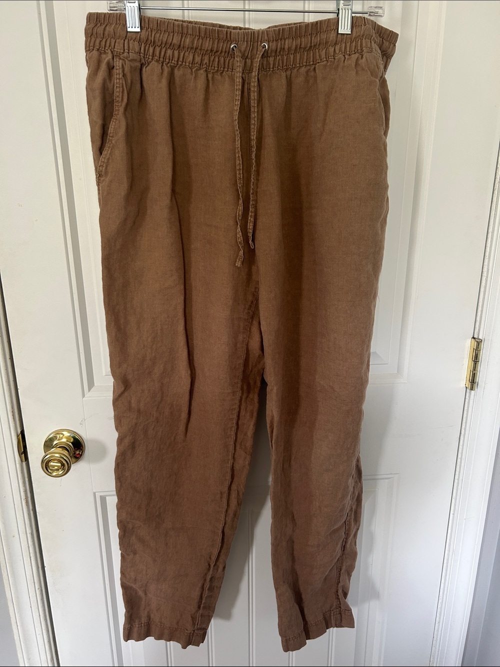 H&M Women's Straight-Leg Drawstring 100% Linen Pants — Brown